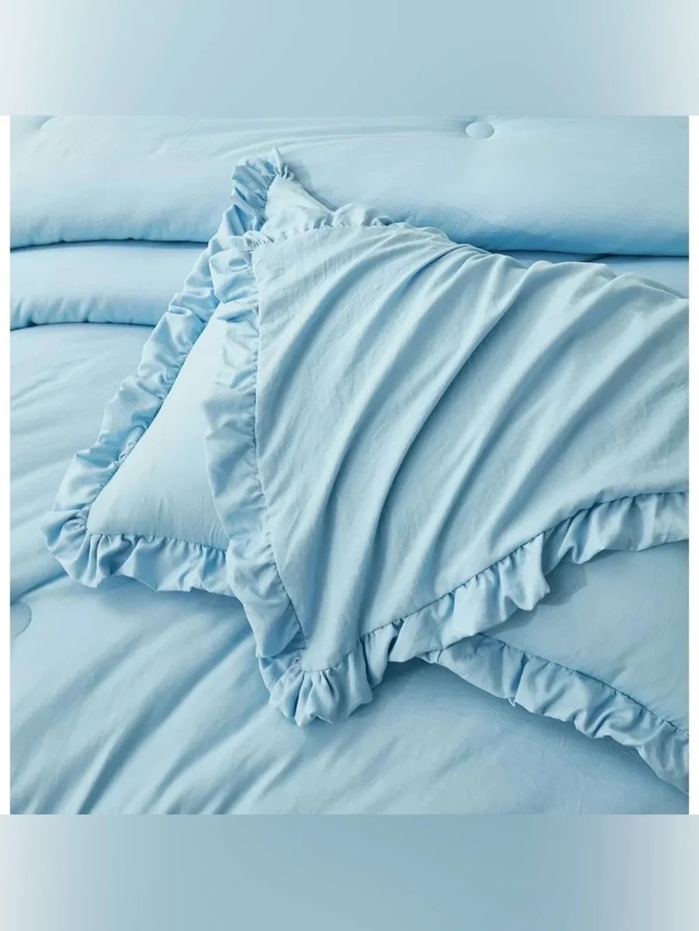 Light Blue Ruffled oversized queen 3 piece Comforter Set